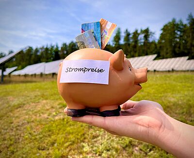 Braunes Sparschwein mit dem Schild 'Strompreise' und Geldscheinen steckt in der Öffnung, gehalten von einer Hand vor einer Solaranlage im Freien